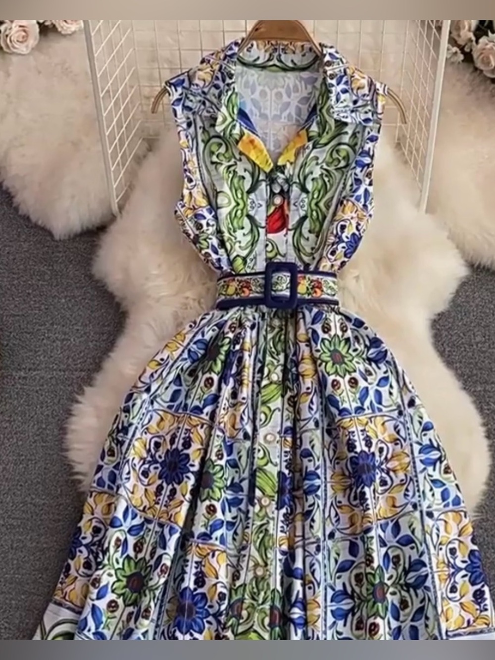 Sleeveless Tile-Print Midi Dress with Belt in Blue & Green